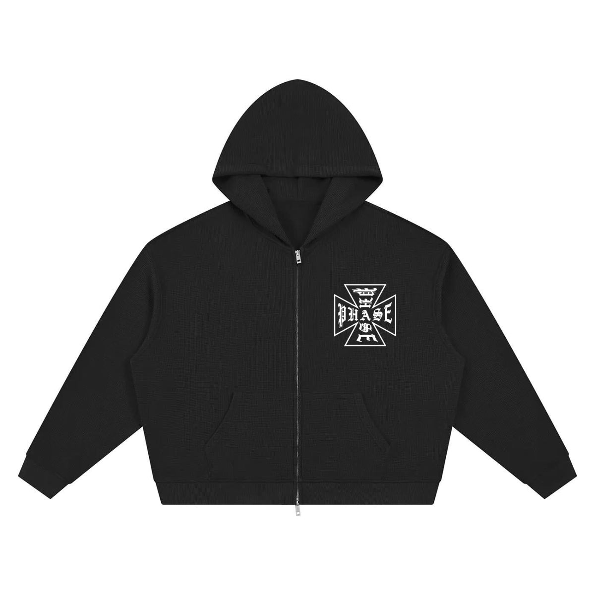 Cross Logo Waffle Zip Hoodie - Black