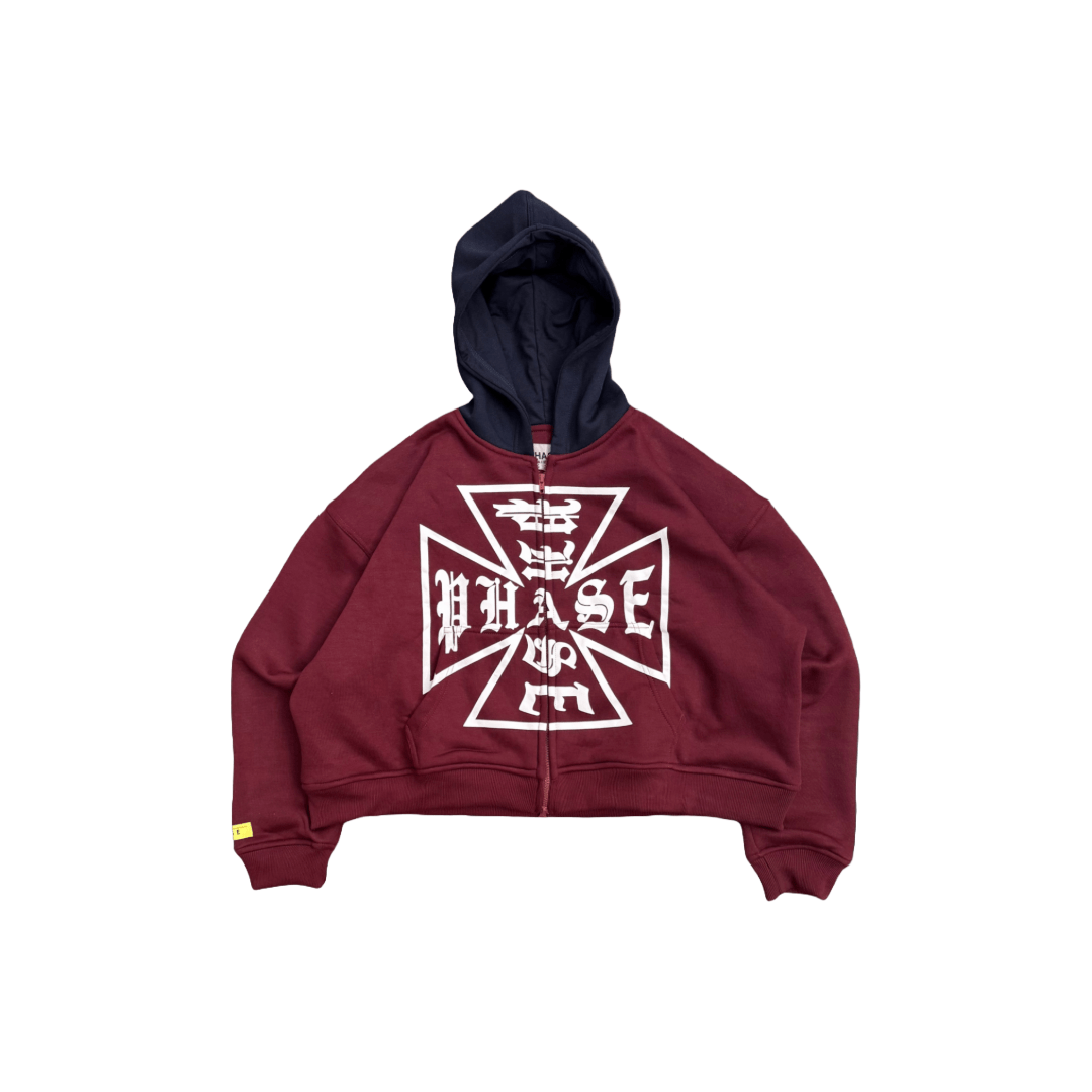 ‘Cross Logo’ Cropped Zip Up Hoodie - PHASE