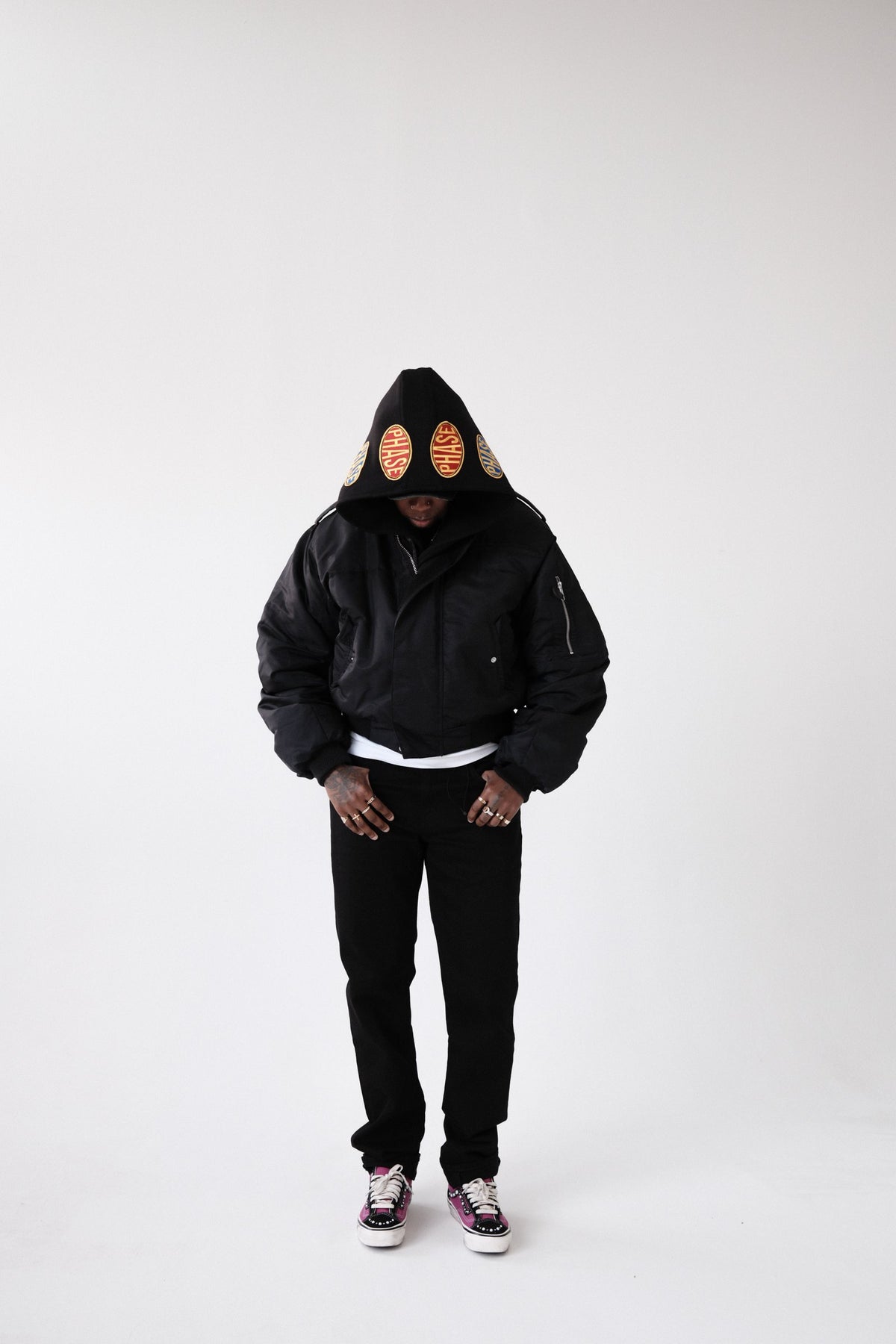 PHASE Black Patchwork Hooded Scarf styled look