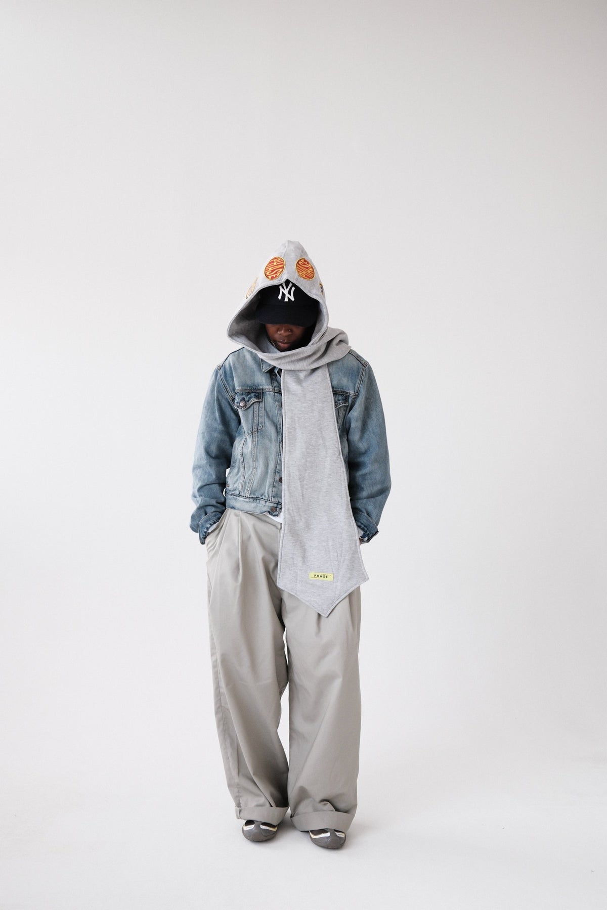 PHASE Gray Patchwork Hooded Scarf styled look