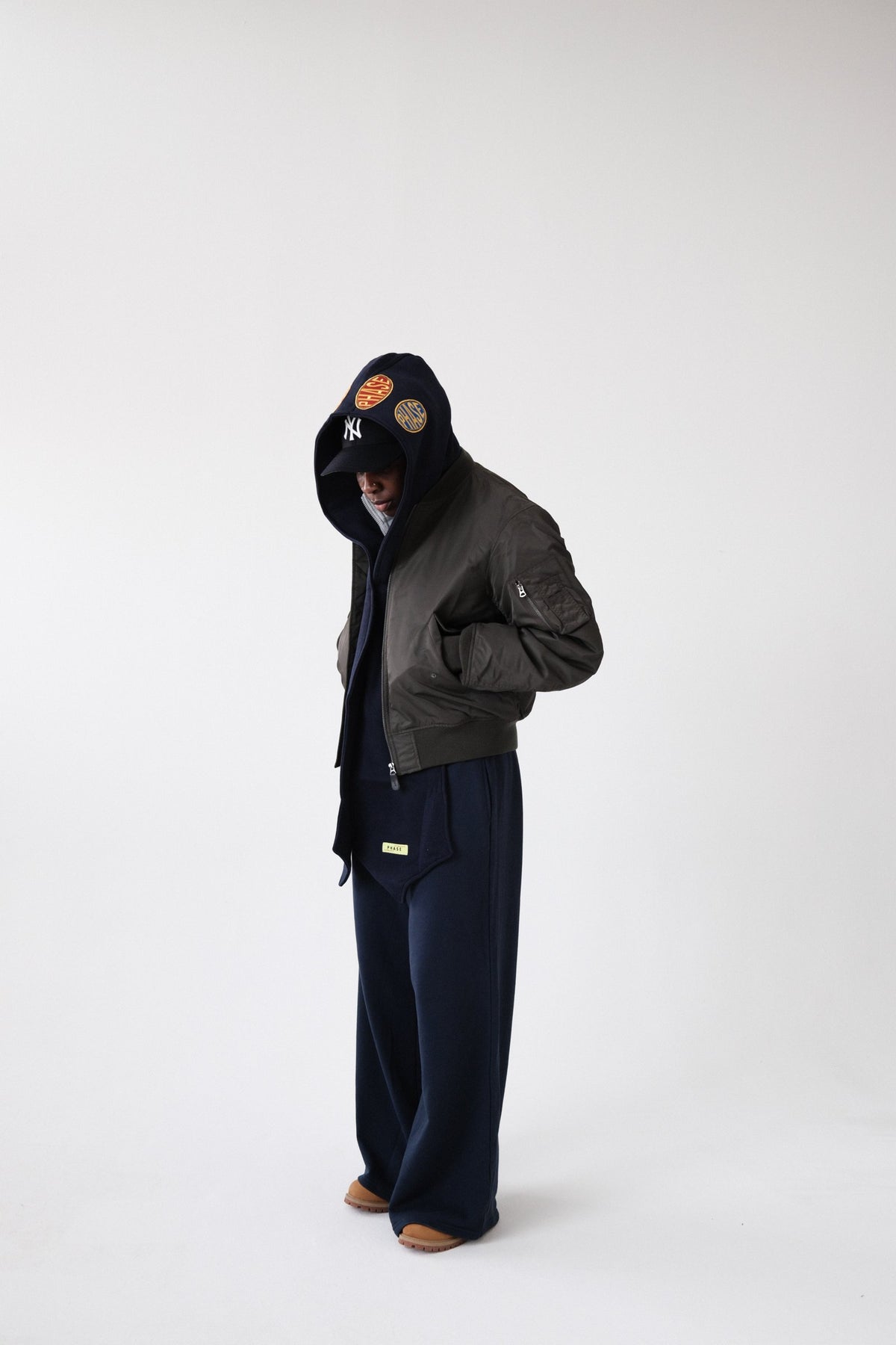 PHASE Navy Patchwork Hooded Scarf styled look